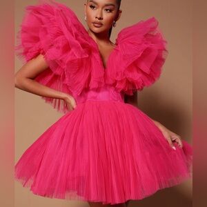 Fashion Nova Delaney Pink Tulle Mini Dress Ruffle Puff Sleeve Party Dress M